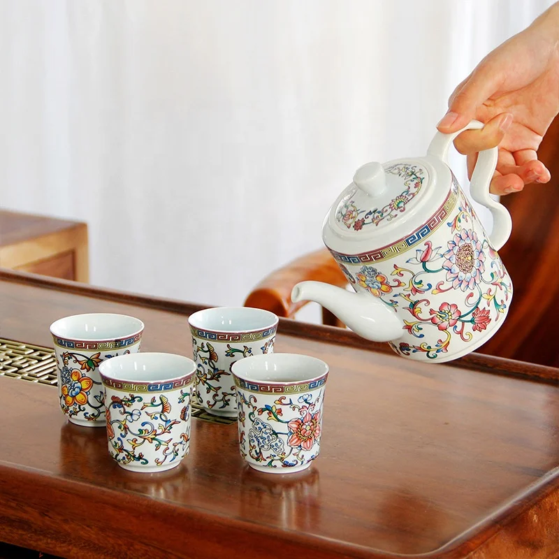 New Style Vintage Fancy Small Ceramic Tea Cup Set Gift Beautiful Colorful Print Kung Fu Tea Cup And Pot Set