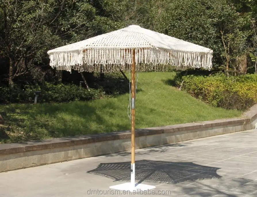 Outdoor Fringe Custom Parasol Beach Umbrella with Tassels Boho Macrame Wooden Cotton Wood Outdoor Furniture Traditional 25KG