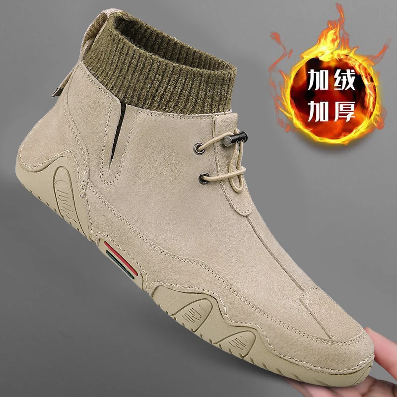 Leather Men Boots Winter  Warm Snow Boots Men Winter Casual Shoes Sneakers High Top Western Ankle Boots genuine leather shoes