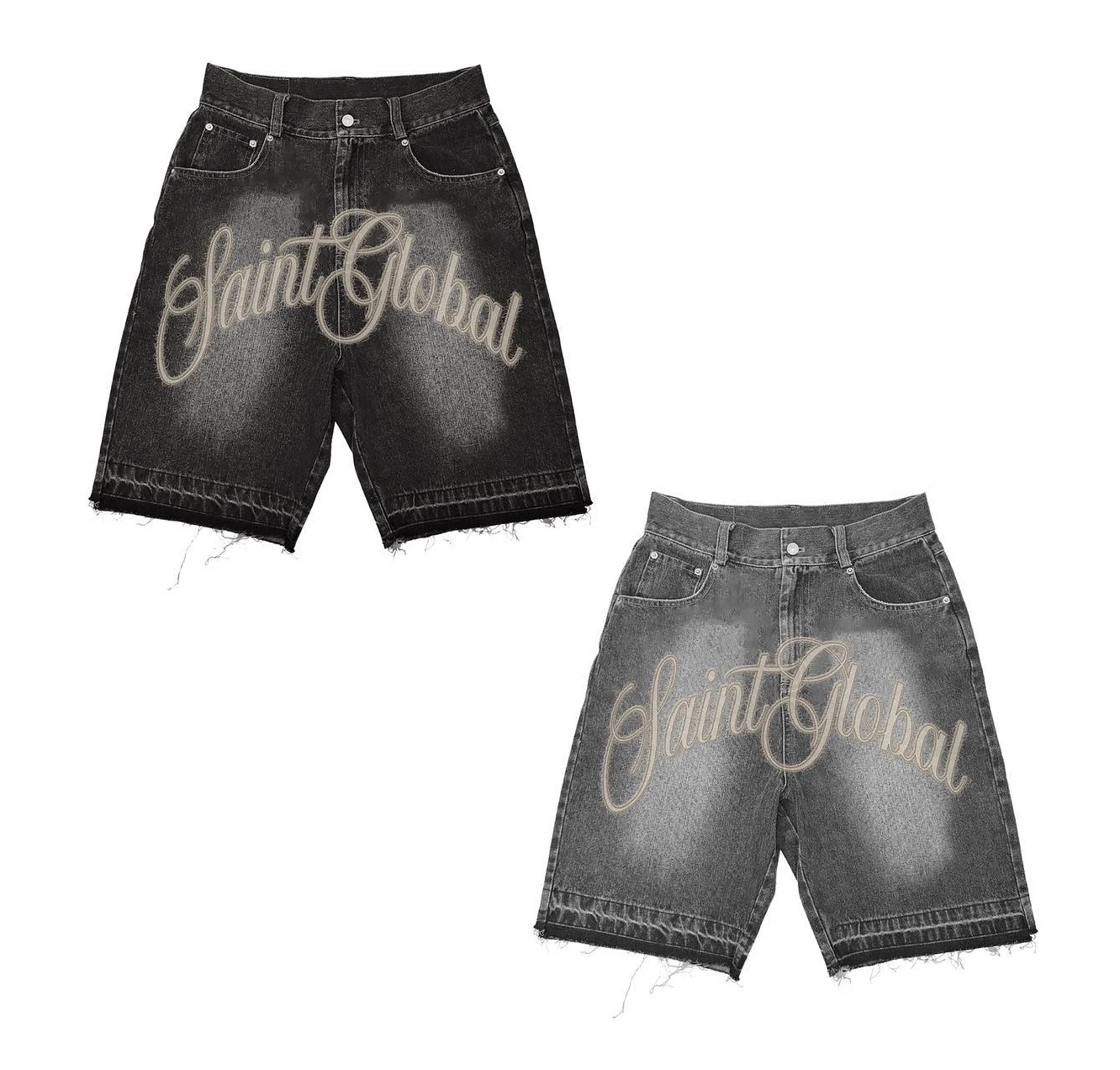 Custom Acid Wash Embroidery Distressed Baggy Denim Shorts Men Streetwear Vintage Raw Hem Jean Shorts