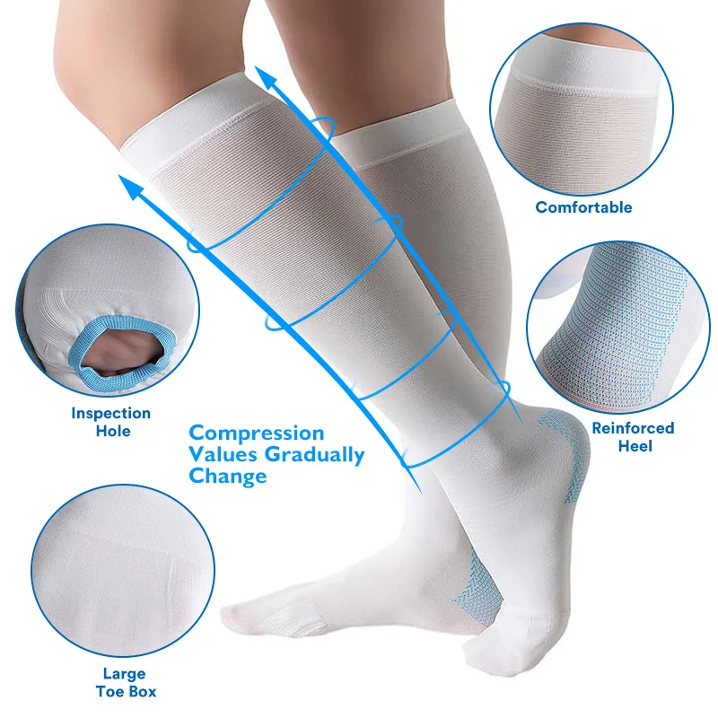 Rongrong factory medical quality white knee high nylon elastic compression anti embolism nurse socks