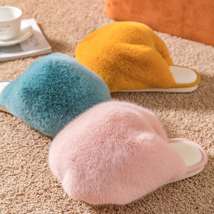 Women Fluffy Imitated Rabbit Fur Closed Toe Cute Cat Home Bedroom Fashion Fur Slides Slippers