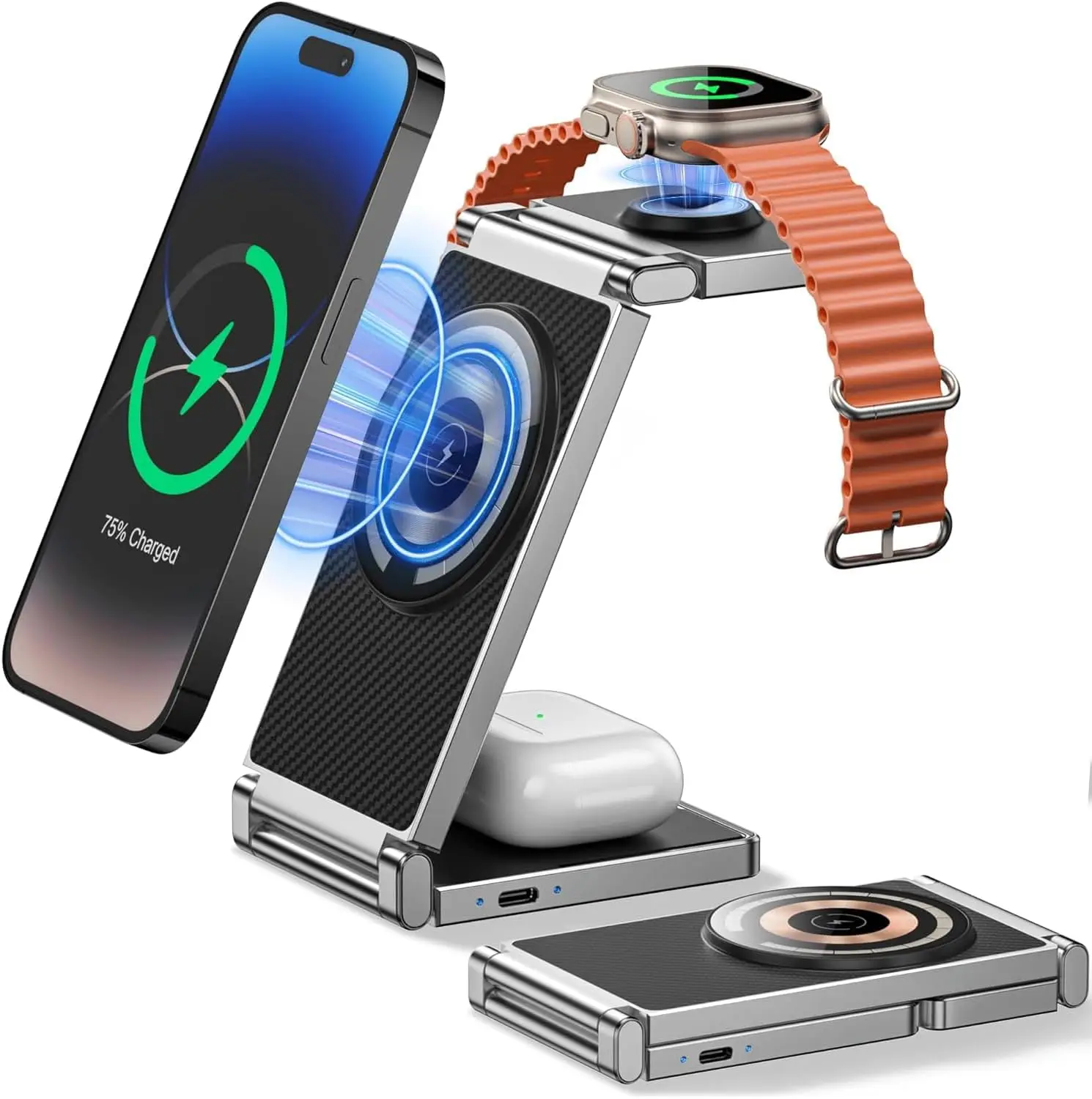 Waillynice Mag-Safe Charger Station Magnetic 3 in 1 Foldable Travel Charging Dock For IPhone Samsung iWatch Airpods