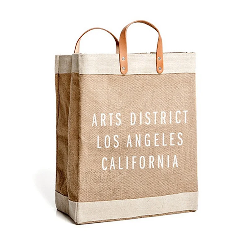 
Large two tone jute burlap shopping tote bag with leather handle 