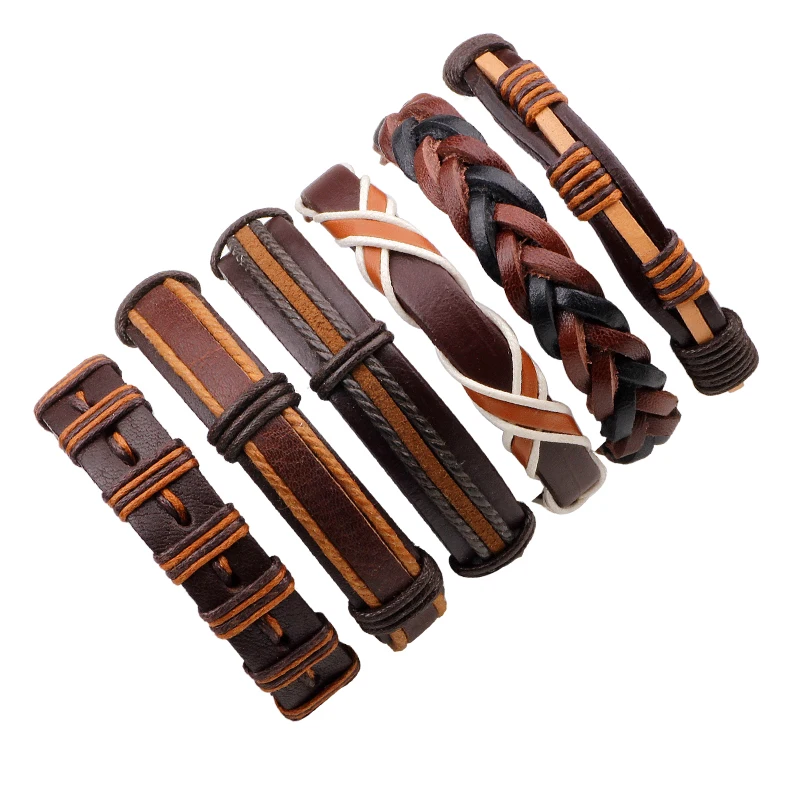 Wholesale  Custom DIY 6pcs Alloy Feather Leather Bracelet For Man
