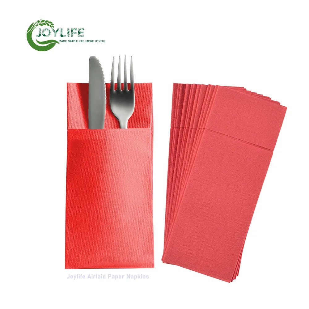 Disposable White Linen Feel Dinner Napkins with Flatware Pocket Printed Paper Napkins for Weddings and Parties Style Bag