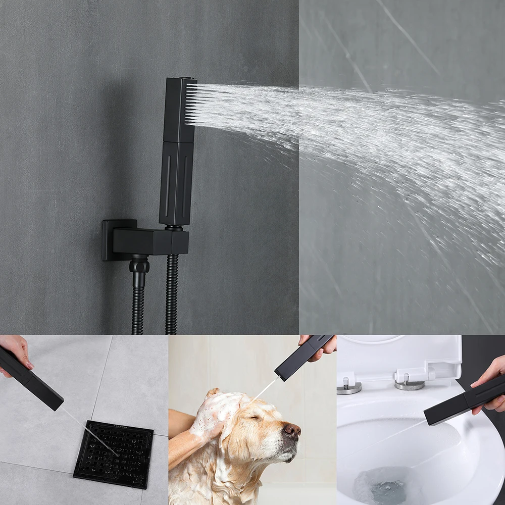 Square 12 Inch Brushed Gold Shower Faucet Set with Rain Handheld Wall Mounted Shower Mixer Complete for Bathroom Shower Fixtures