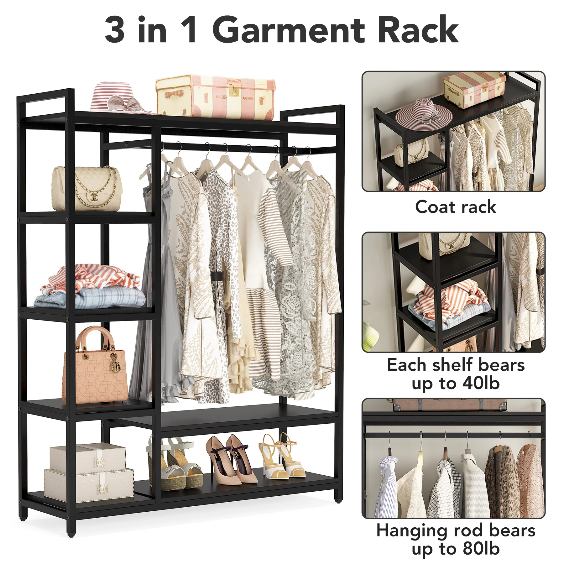Tribesigns Wooden Black Wardrobe Metal Frame Garment Clothing Rack with Shelves and Hanging Rod for Home
