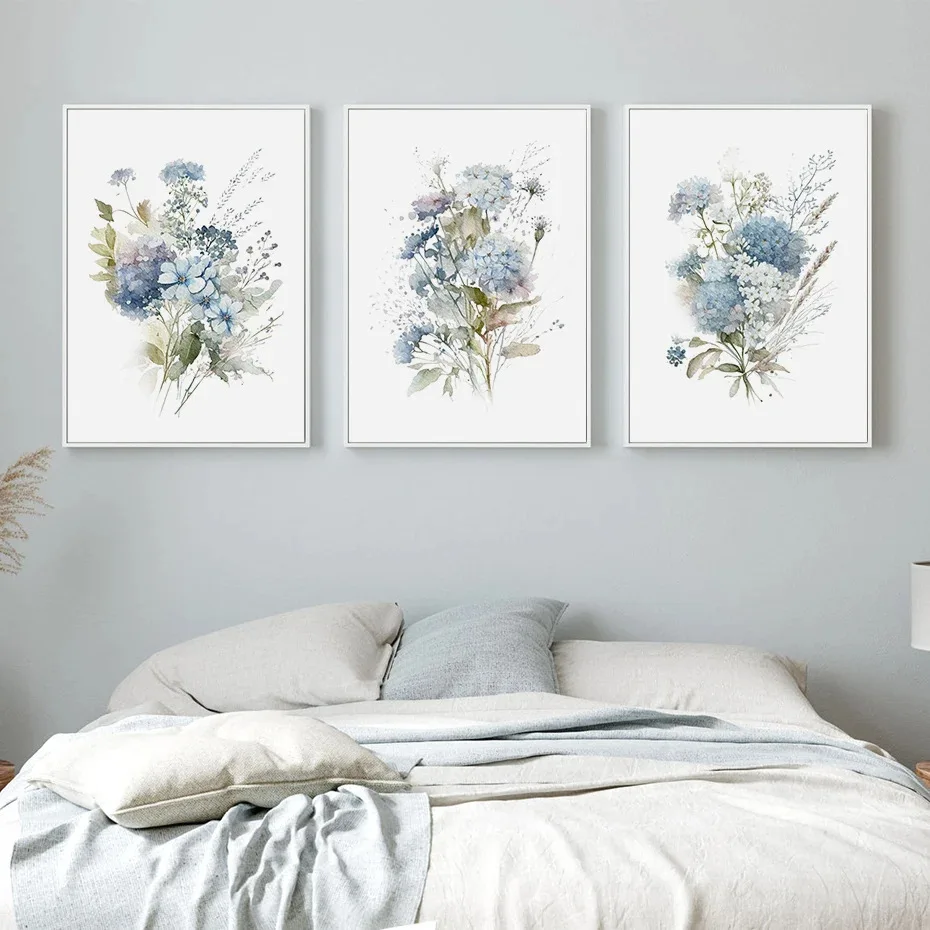 Modern style Home Decoration Watercolor Blue Mix Flowers Leaves Botanical Posters Picture Canvas Print Painting Art with Frame
