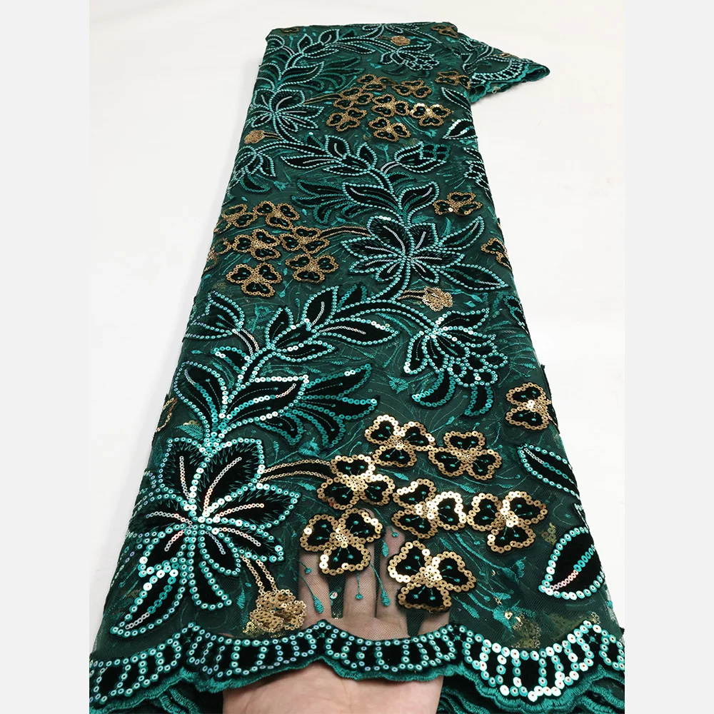 NI.AI Green and Gold Sequence Velvet Net Lace Nigerian Lace Material Embroidered Fabric for Women Dress