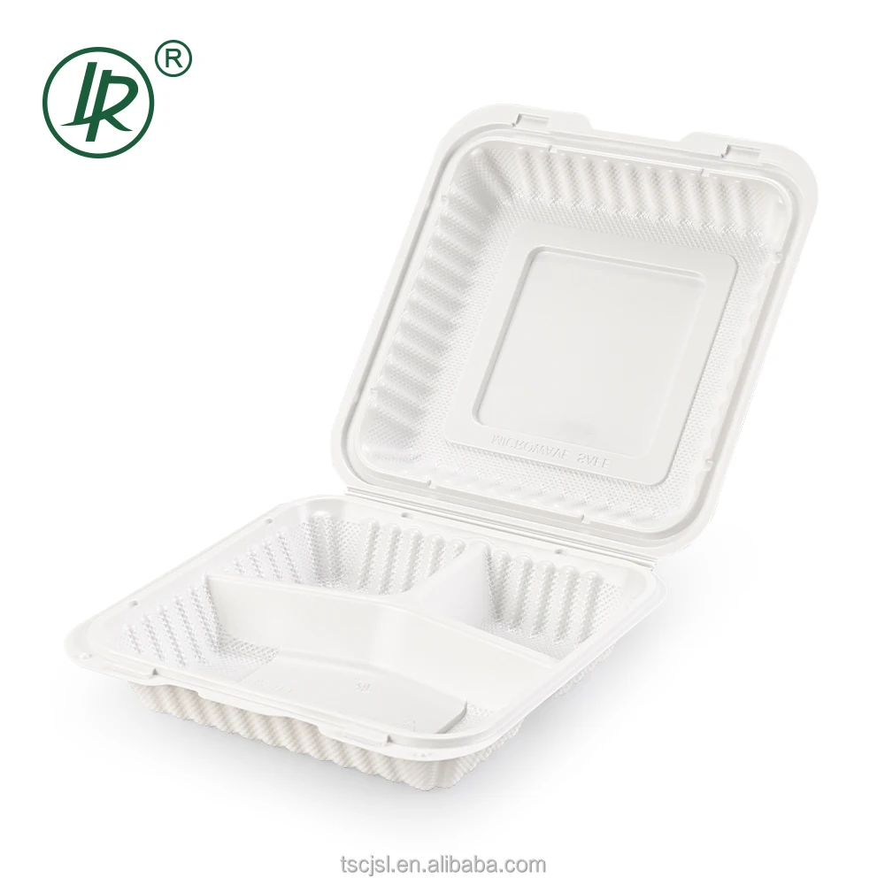 EP-83 Microwaveable 3 Divisions 8x8 Clamshell Food Container Lunch Box For Hot Warm Food With Liquid