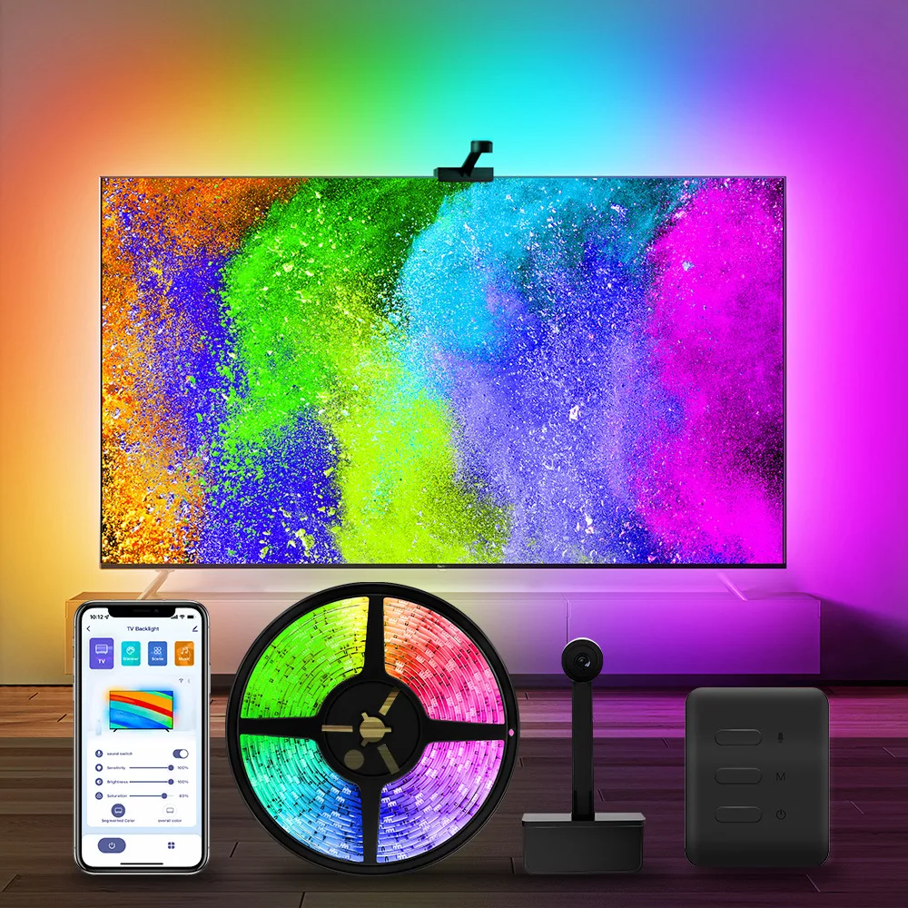 12.5ft 3.8m 12V RGBIC Ambient 55-65 Inches Google Assistant Sync Smart App  Immersion TV LED Backlights with Camera