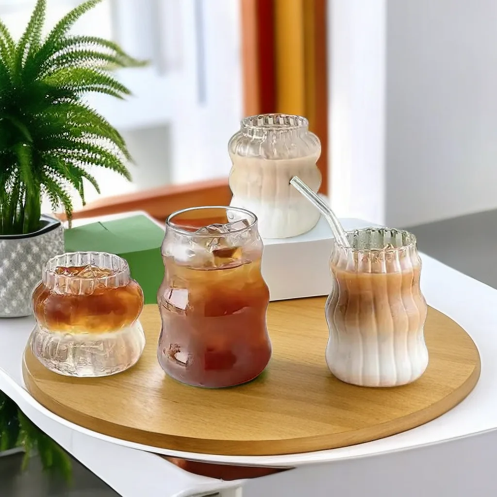 Vertical strip High borosilicate glass thread cup Modern Fashion large capacity Fruit Juice bubble tea glass ice coffee mug