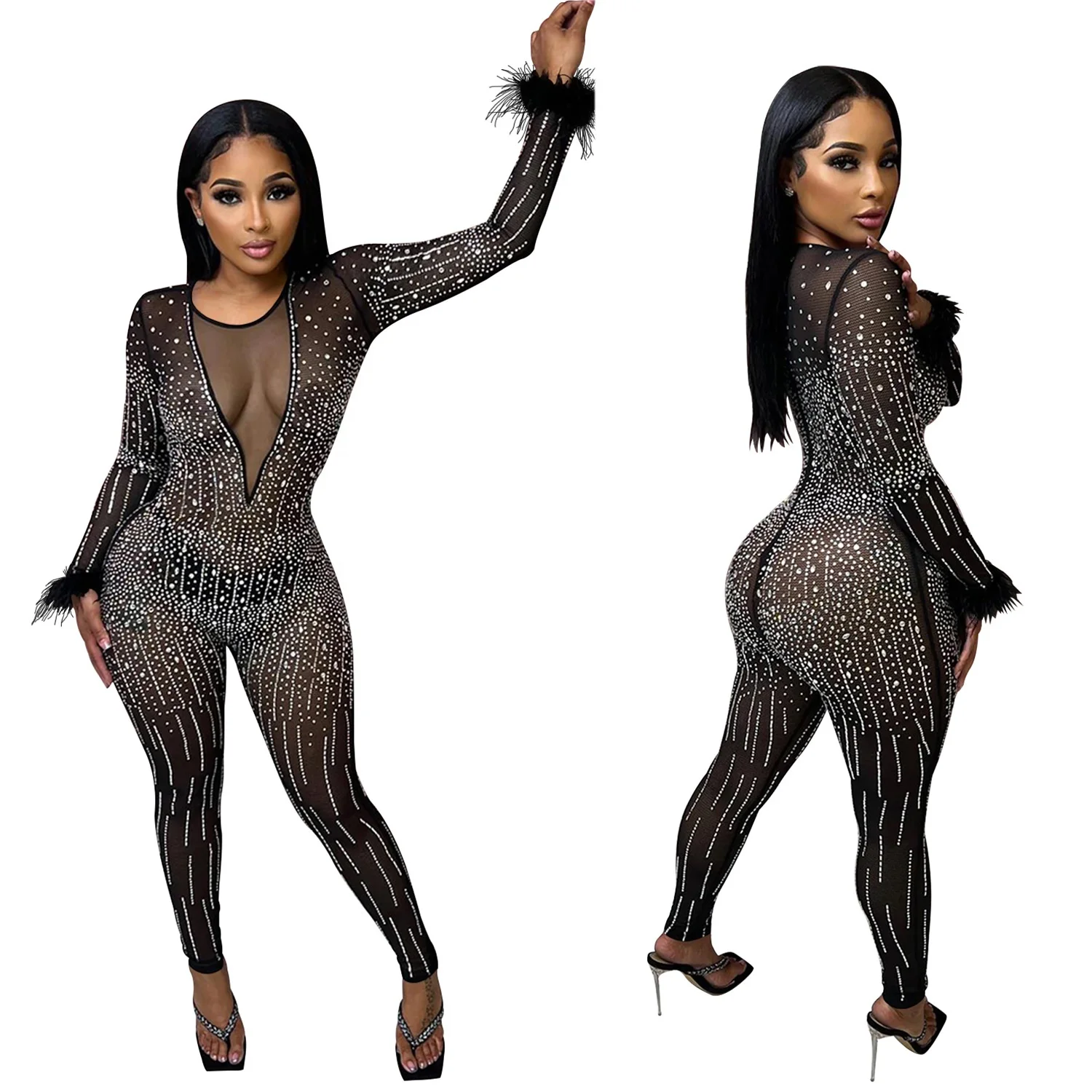 New Arrival Women Sexy Feather Long Sleeve See Through Rhinestone Bodycon Jumpsuit Sheer Mesh Skinny Night Club Party Rompers