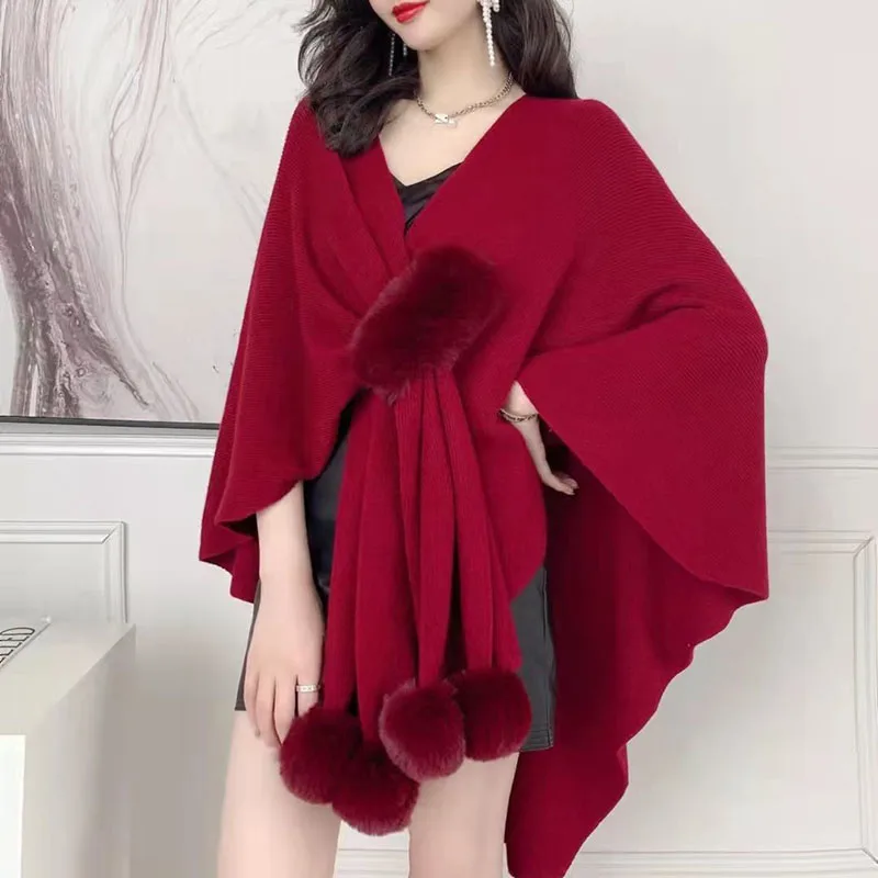 ZDFURS*New Women irregular Knitted Sweater Shawl With Faux Fur Pom pom Cashmere Sweater Cape Female Winter Pashmina Wraps