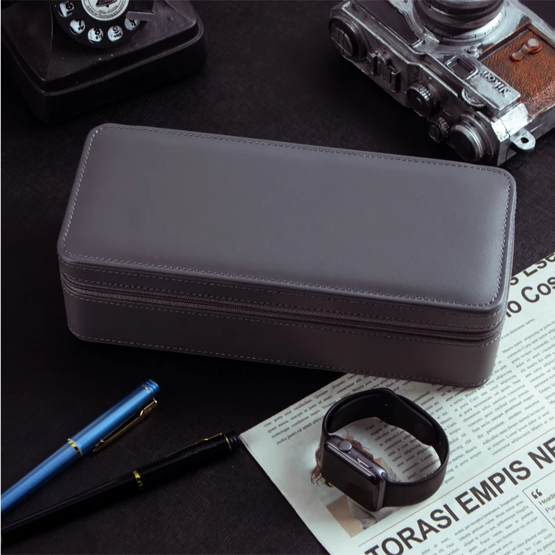 4 Slot Grey Leather Zipper Portable Storage Display Watch Travel Case Box With Cushions