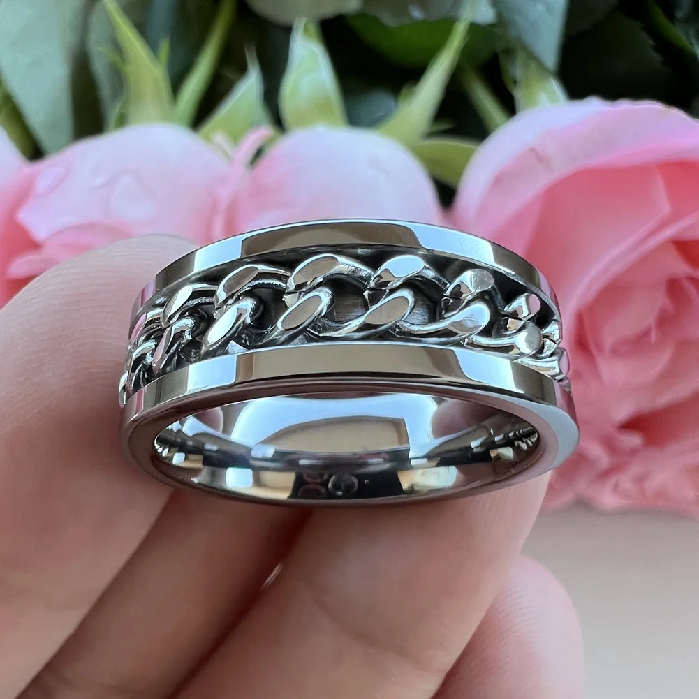 Coolstyle Jewelry 8mm Tungsten Spinner Anxiety Release Ring Men Women Steel Chain Inlay Fashion Engagement Wedding Band