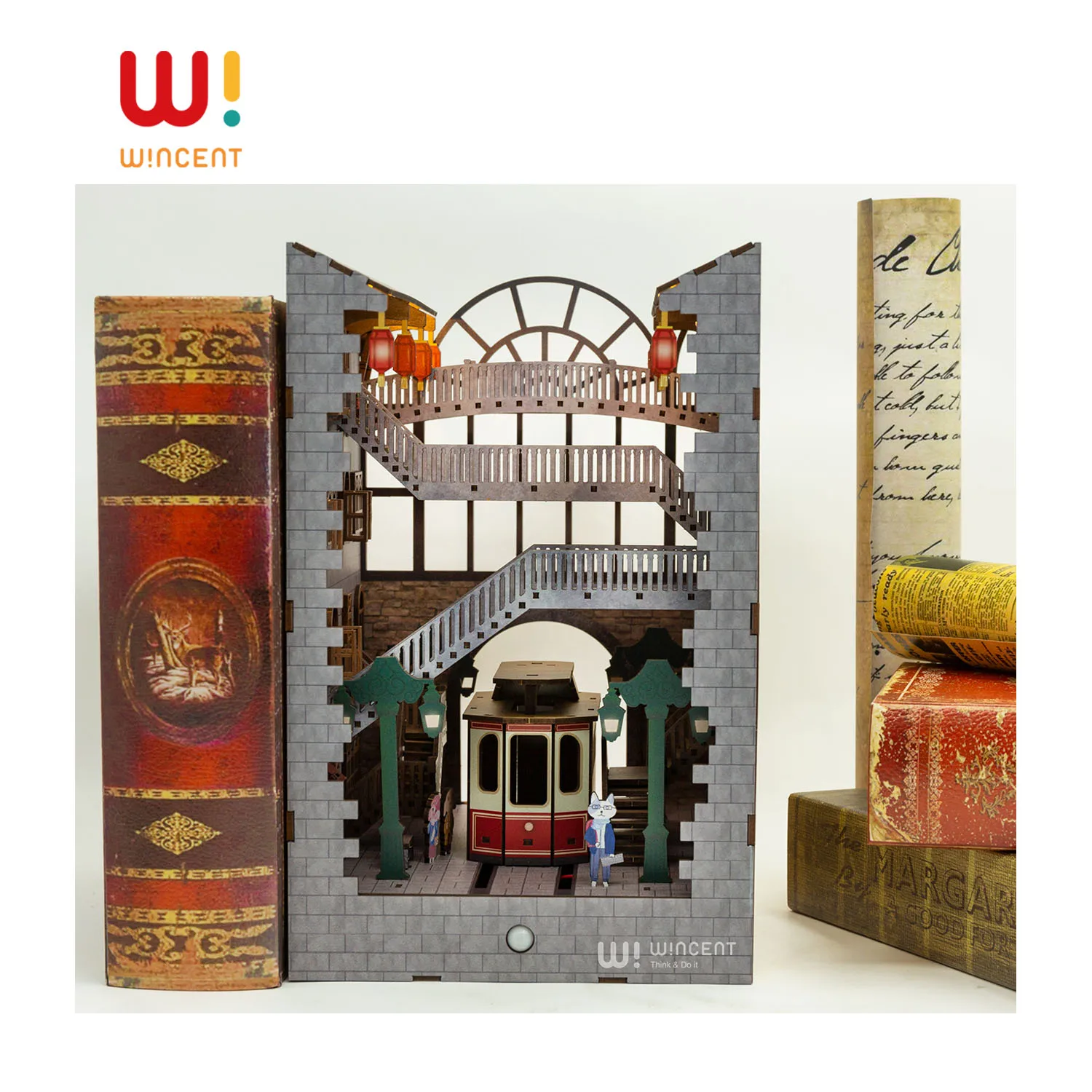 Деревянный книжный конец Wincent MDF CMYK с принтом деревянная библиотека дом здание пазл полка со светодиодной