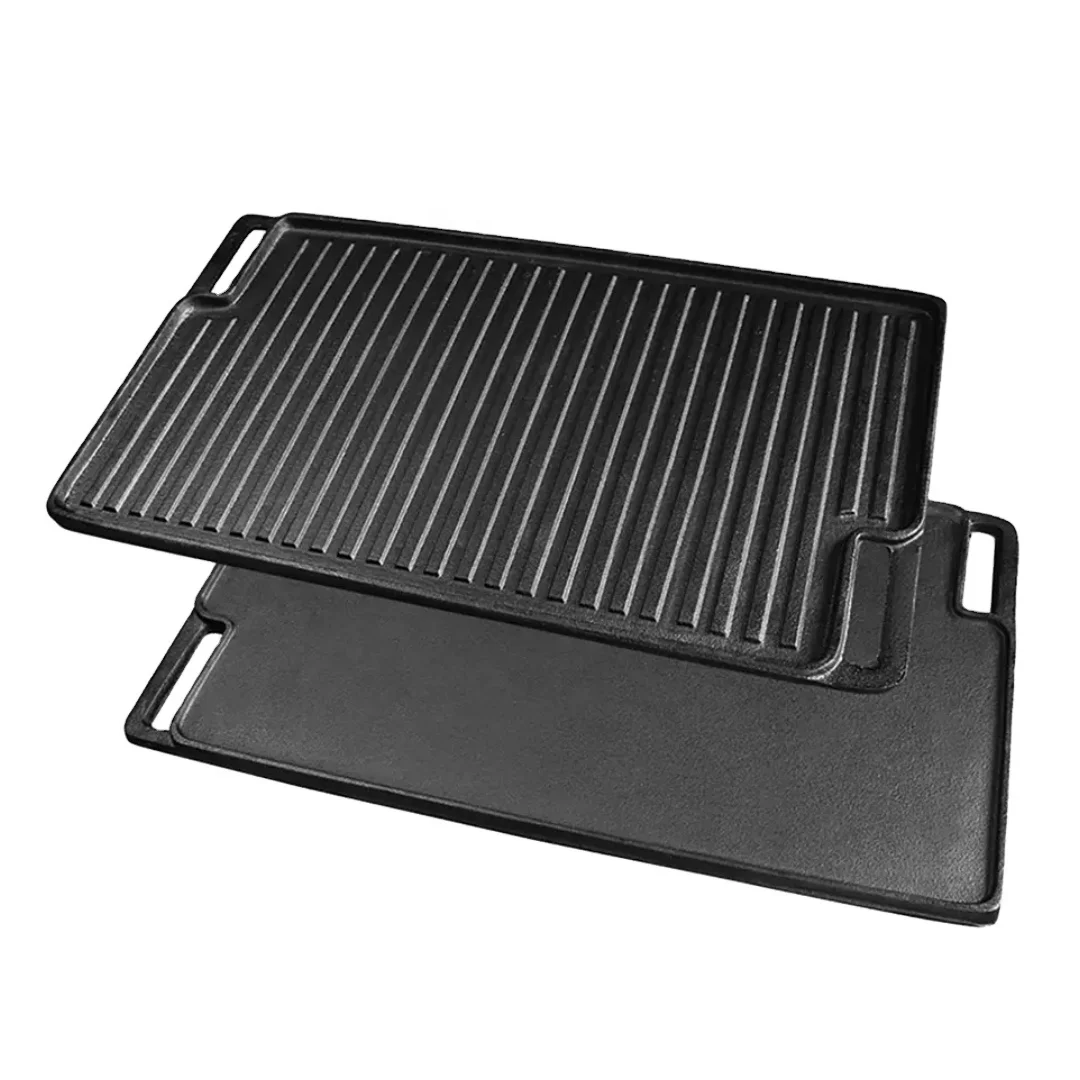 pre seasoned outdoor camping rectangle cast iron reversible double sided grill pan bbq griddle plate