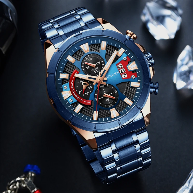 2022 CURREN 8401 New Fashion Wristwatches for Men Casual Luminous Black Watch  with Stainless Steel Band Chorograph Clock