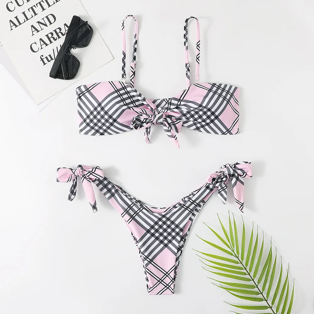 Swimsuit Sexy Bowknot Two Piece Swimsuits Check Micro Mini Fashion Women Checkered Bikini Wholesale Bathing Suits