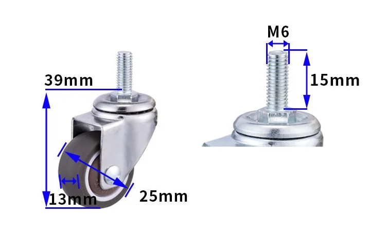 1 Inch 25MM M6 Threaded Stem Furniture Caster TPE Wheel Swivel Castor