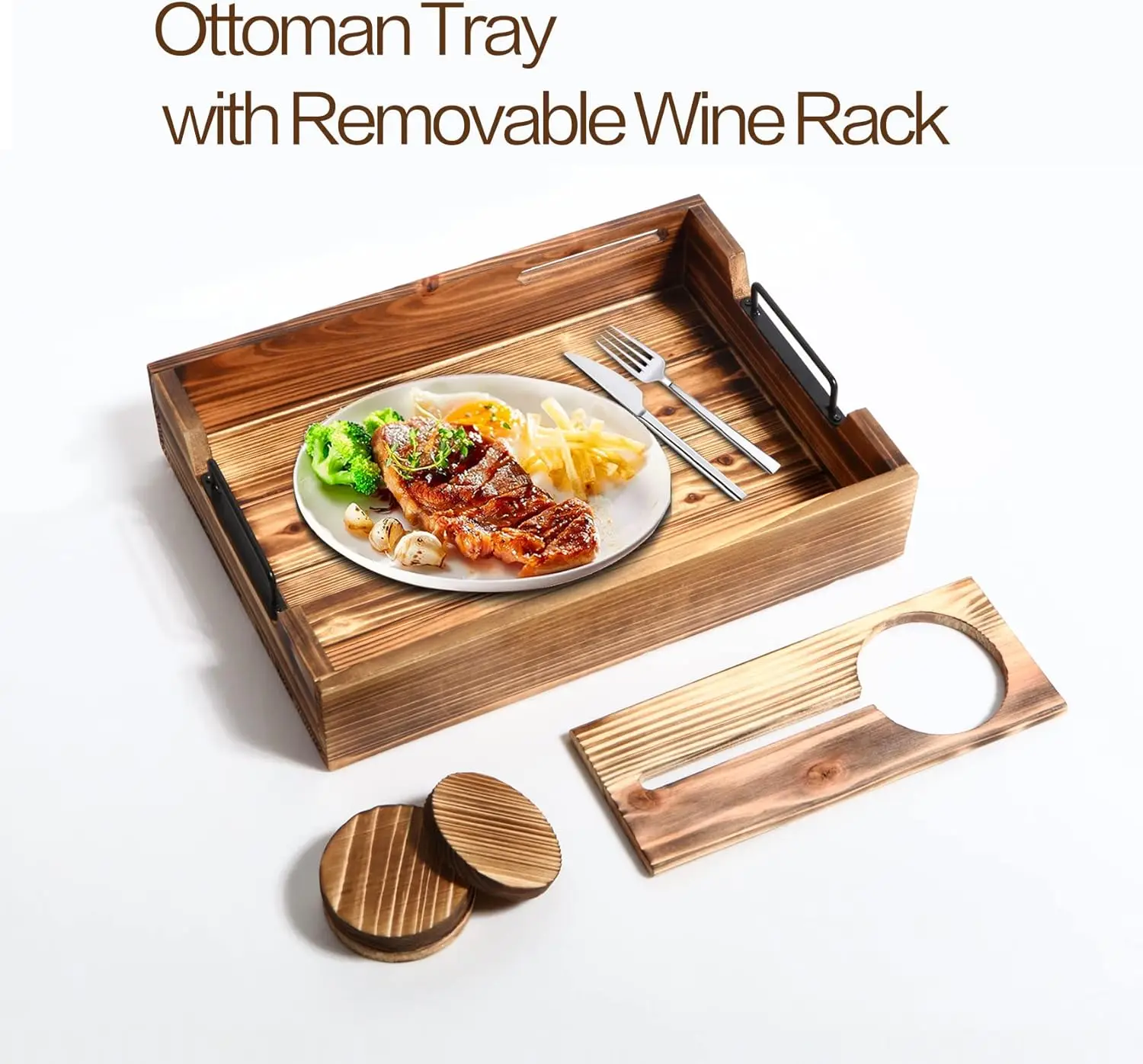 Bamboo wood snack coffee serving table tray with removable glass holder, large acacia wood ottoman tray with metal handles