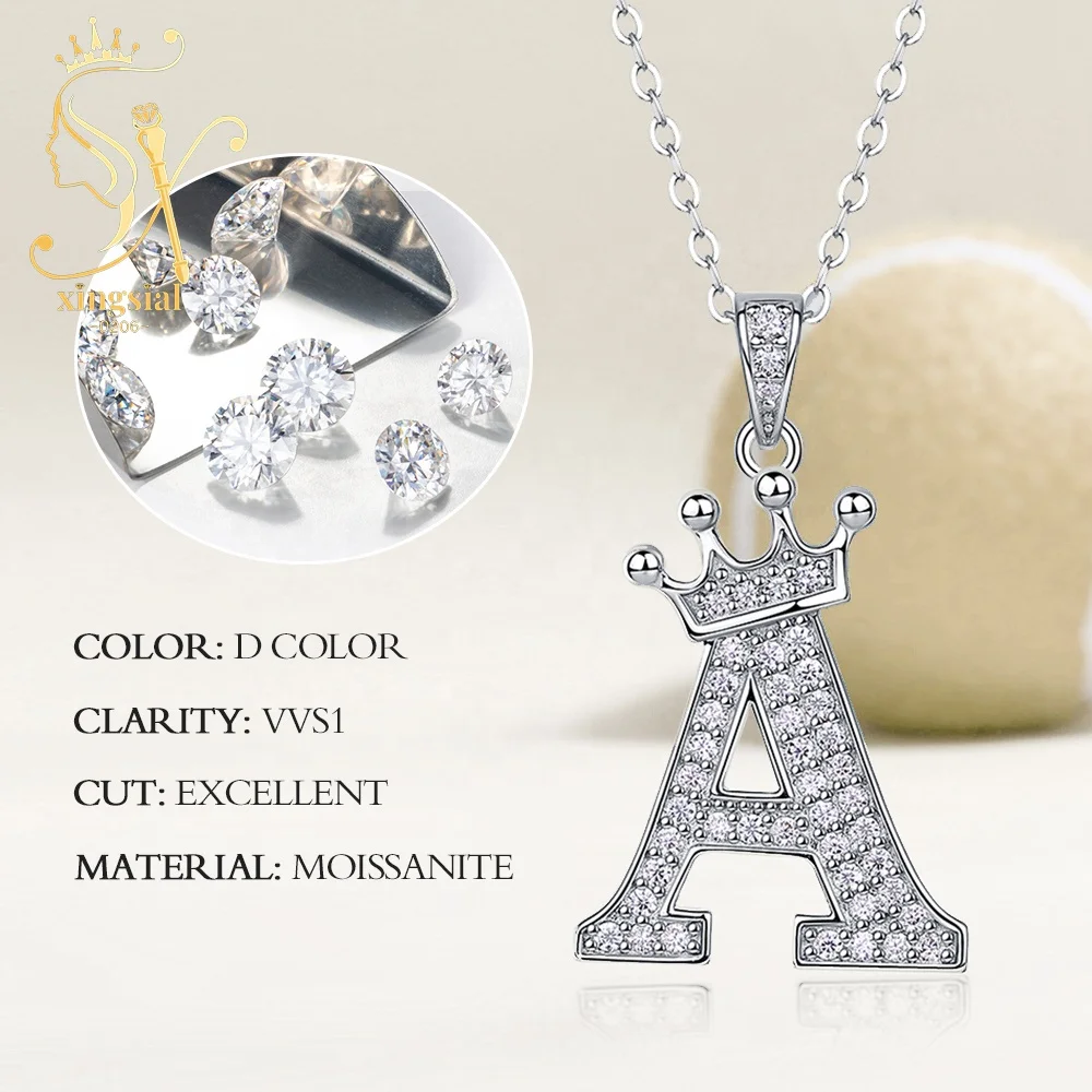 Trendy Women Jewelry Gift GRA 925 Silver 18K Gold Plated Simulated Diamond Crown A-Z Initial Pendant Moissanite Letter Necklace