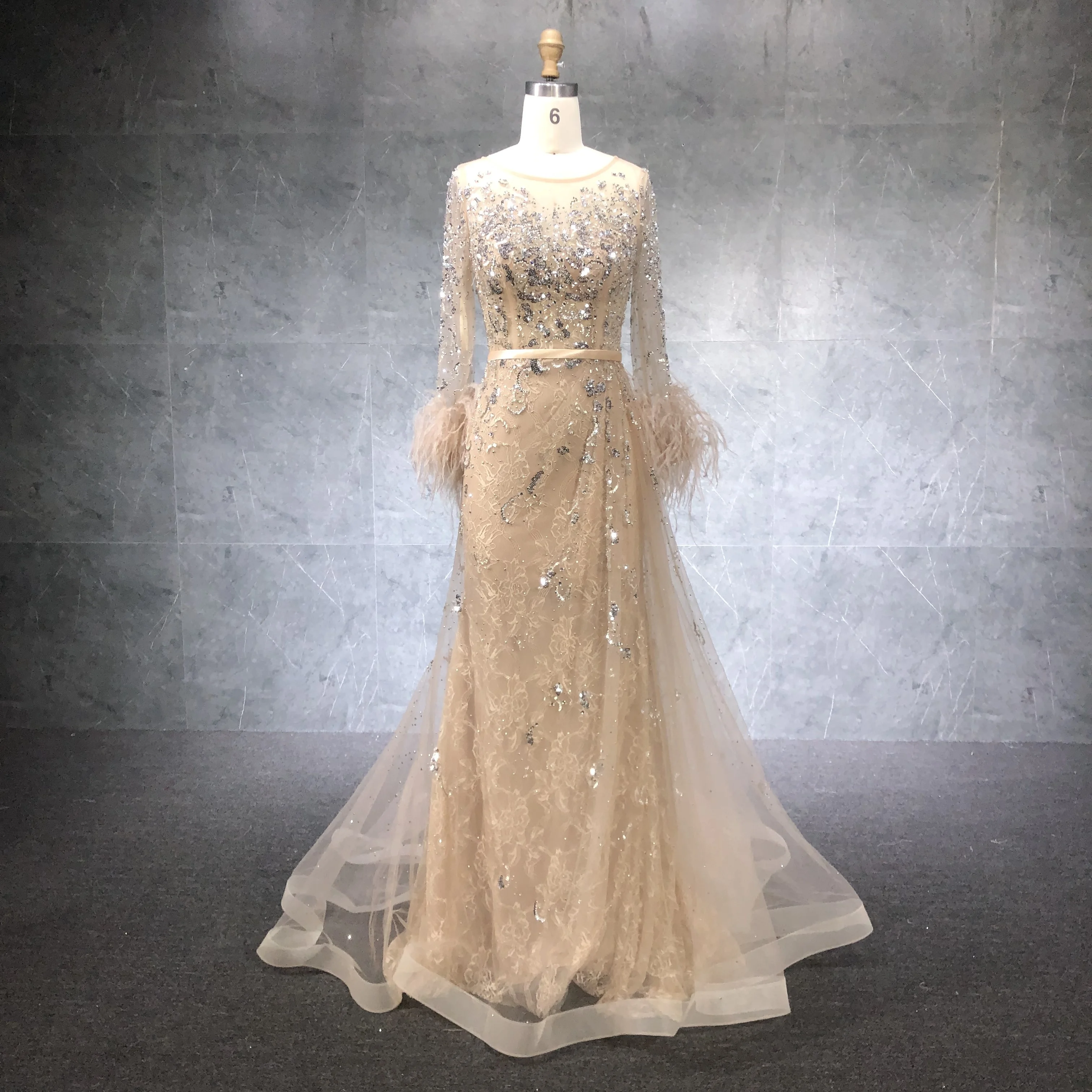 Champagne Long Sleeve Dress Beaded Feather Long Dress Elegant  Party Evening Gowns For Women