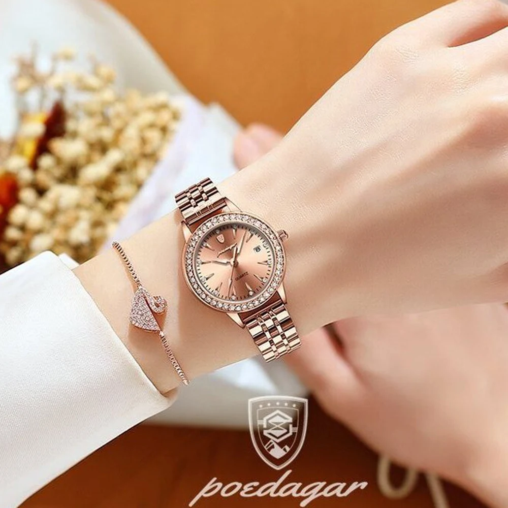 POEDAGAR Female Watch Rose Gold Luxury Brand Diamond Ladies Wristwatch Waterproof Stainless Stain Date Quartz Watches For Women