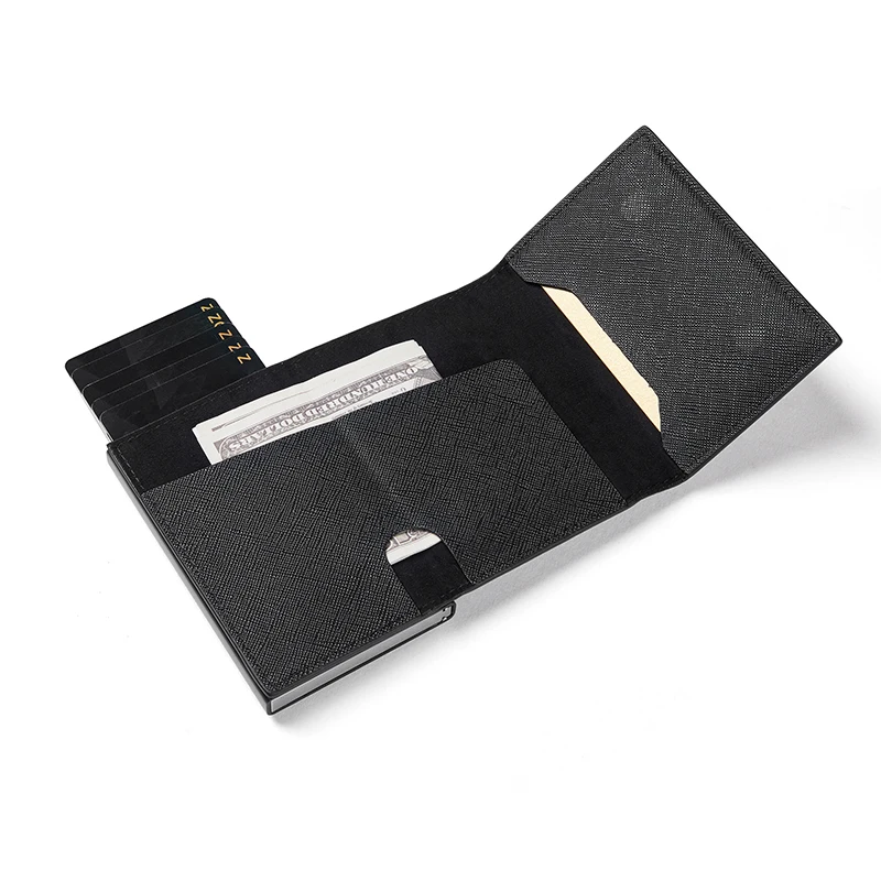 Design Fashion Zipper Coins Magnetic Card Holder Aluminum Pu Leather Business Rfid Smart Wallet Card Holder 2023