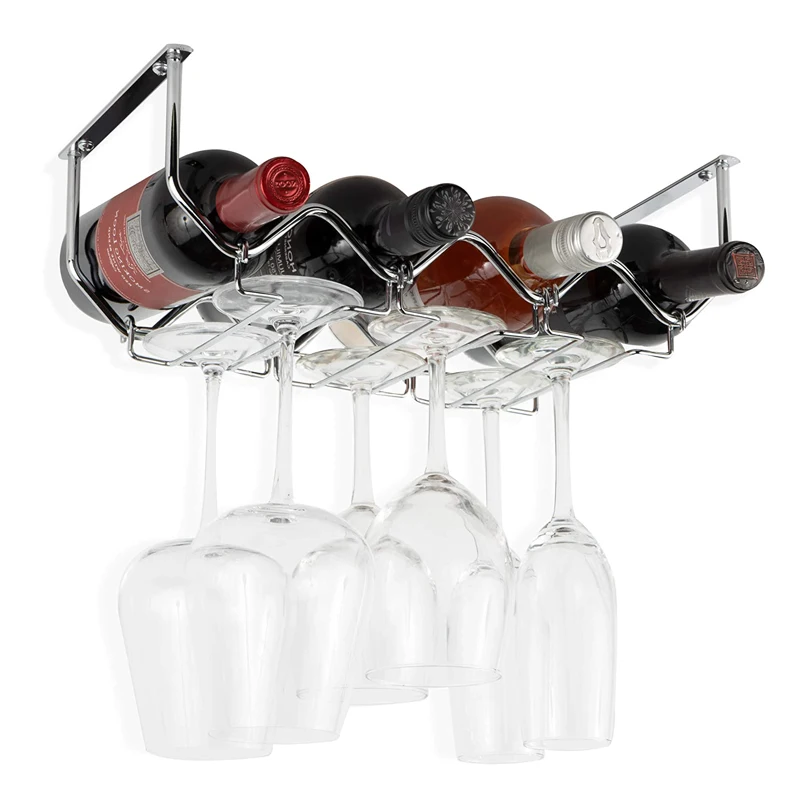 Under Cabinet Stemware Wine Glass Holder Rack Wine Bottle Display Stand Iron Wire Metal Hanging Wine Rack