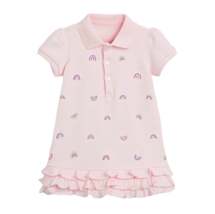 CBM10406 100% Cotton Short Sleeve Polo rainbow print summer Kids baby Girls Princess Dresses Knitted Dress for girls