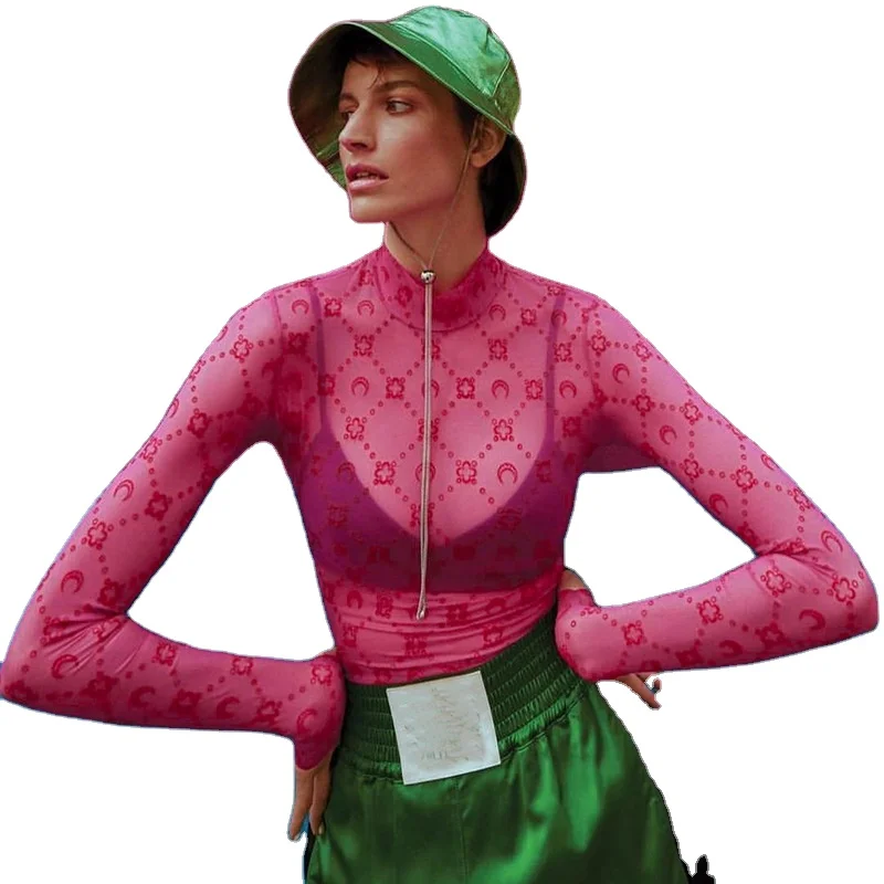 autumn fall 2022 New arrivals Women printed O-Neck long sleeve mesh shirt bodycon shirt long sleeve tops