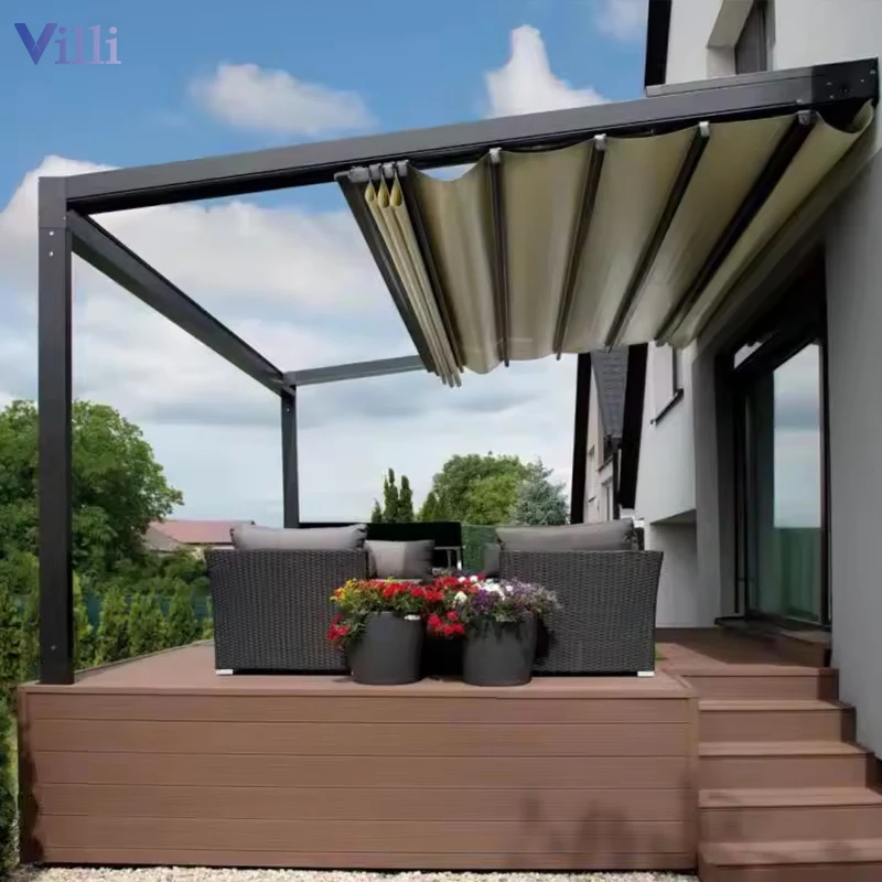 OEM aluminium wall mounted electric rain proof sunshade retractable pvc pergolas outdoor for carport