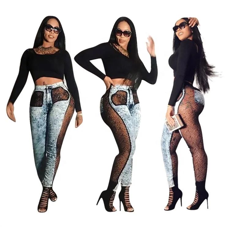 2020 Plus SizeBest Design Perspective Sexy Lace Splice Denim Pants Women Female Bottoms Ladies Trousers Jeans Pants