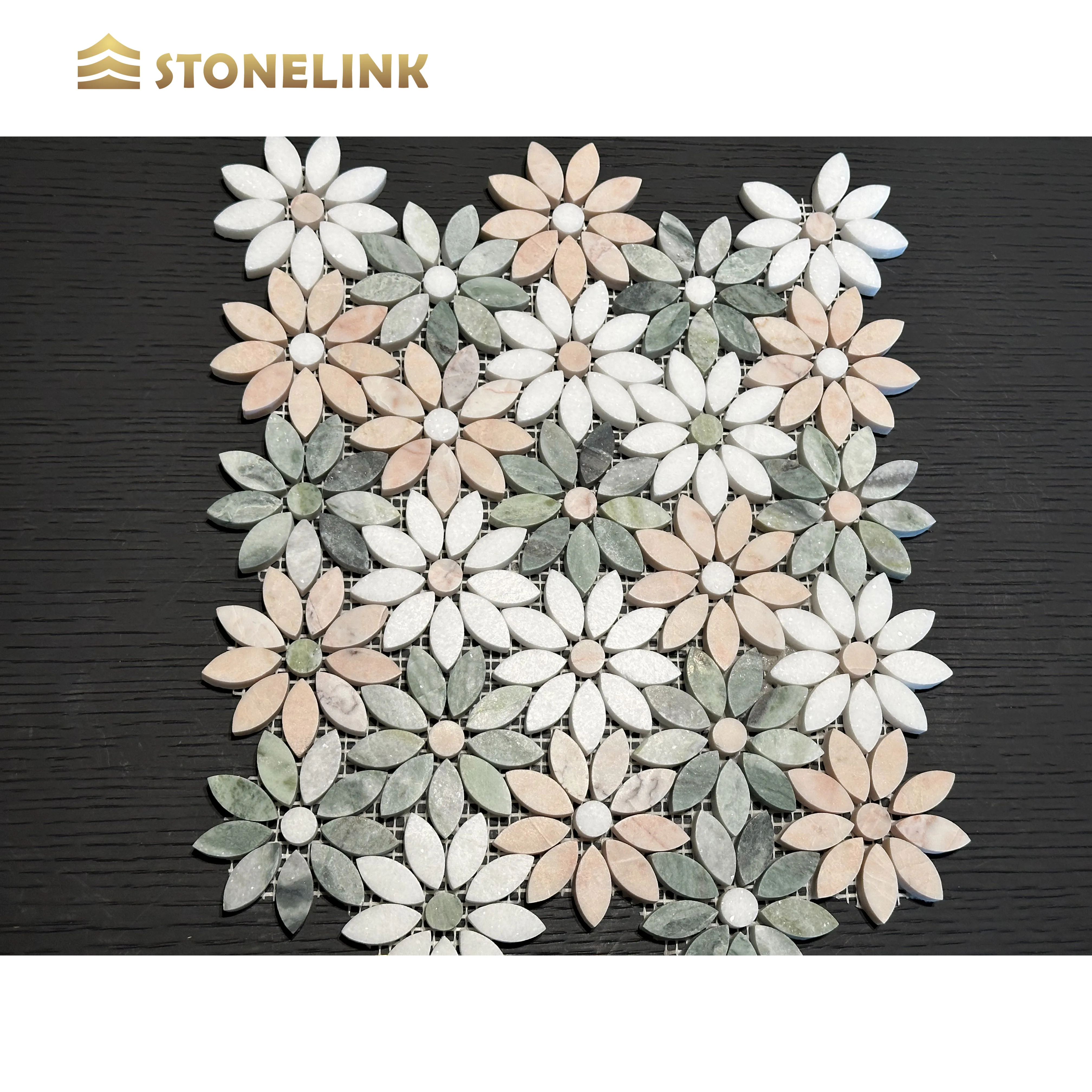 2023 New Trend Products Beautiful Flower Shape Pink Green White Waterjet Mix Marble Mosaic Tiles