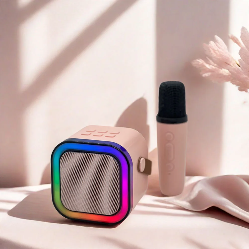Cute and stylish portable wireless BT karaoke speaker with 1pc wireless microphone and color light speaker