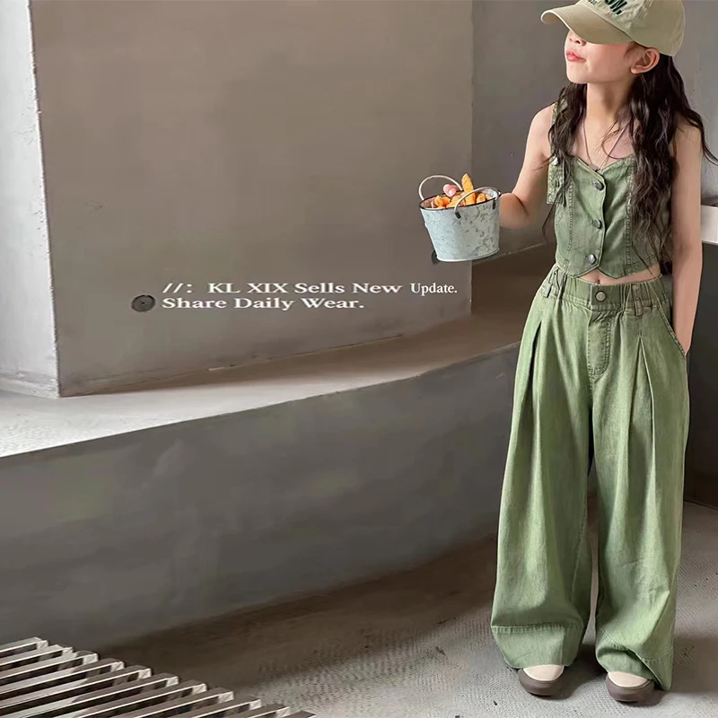 Spring Summer  kids clothes set girls 7-14 years of age  High Street Solid color Top Pants 2 Piece jean set girl Clothing