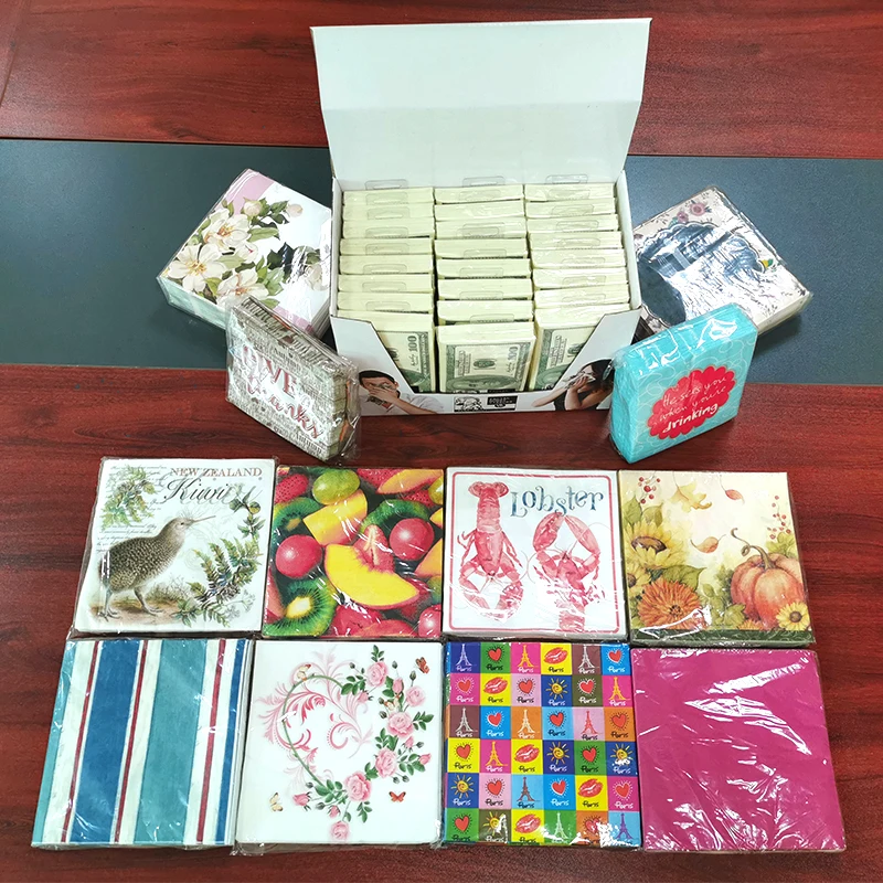 Manufacturer Direct Food Grade Virgin Wood Pulp 1 Ply 50 Sheets Printed Paper Napkins Serviette