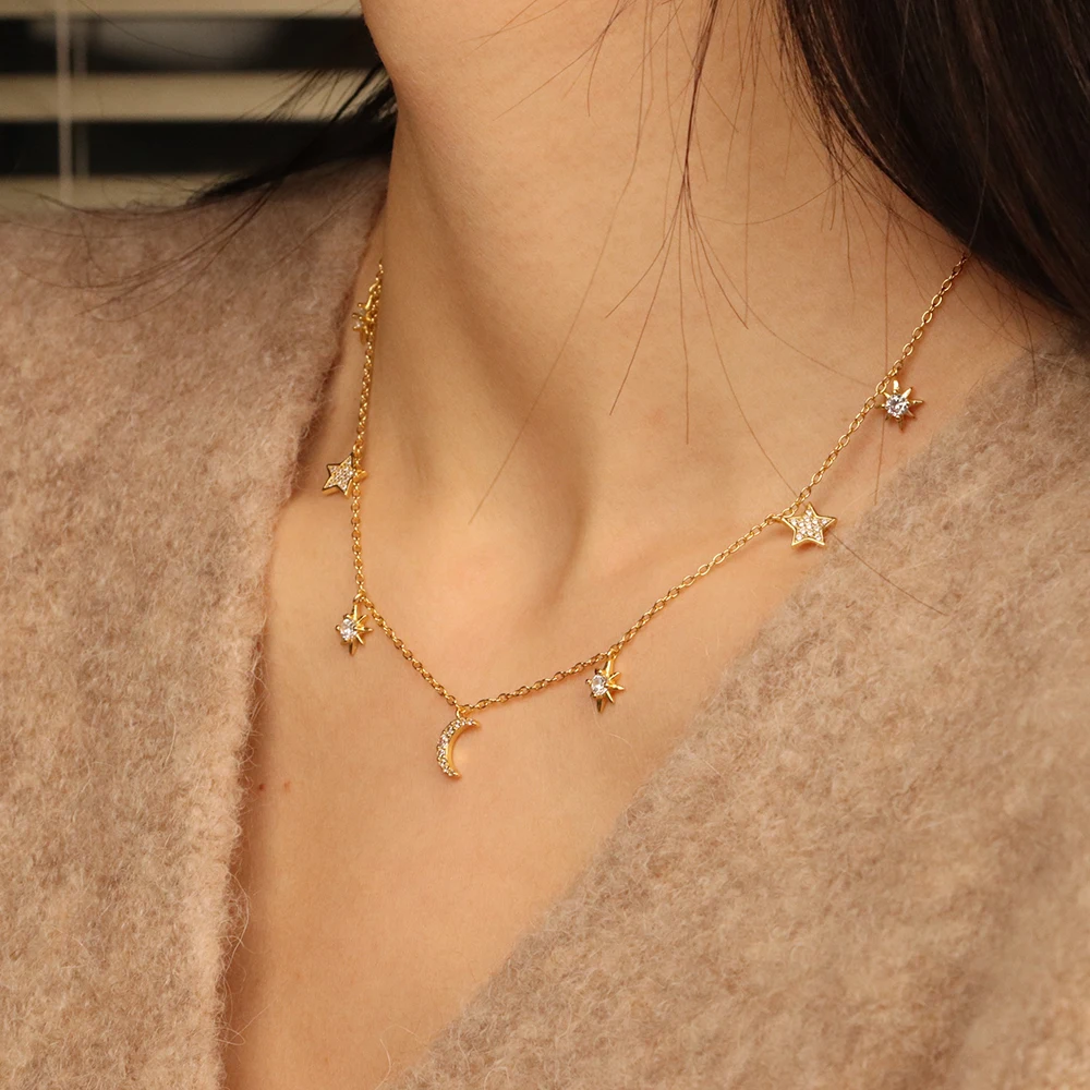 Chris April in stock 925 Sterling silver 18k gold plated Bright moon and star myth chain necklace