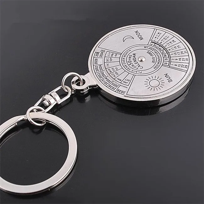 calendar metal circular key chain business gift promotion printed logo silver antique design calendar keychain pendant