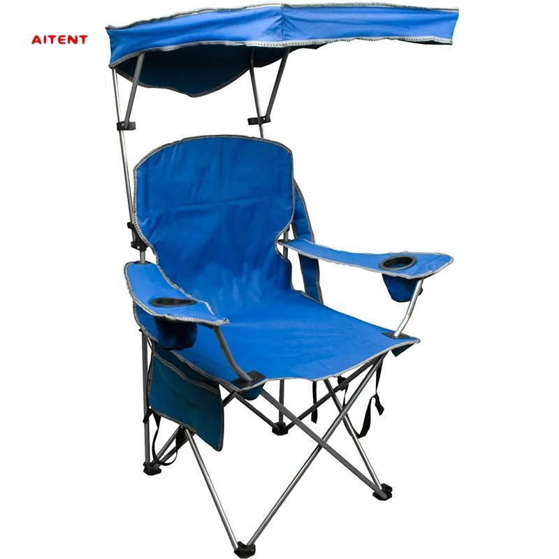 Folding Quad Lawn Chair Portable With Cup Holder Adjustable Canopy