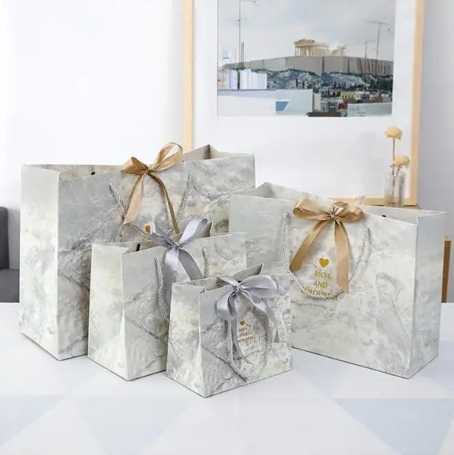 wholesale boutique cheap present paper bag luxury wedding marble gift bags with ribbon