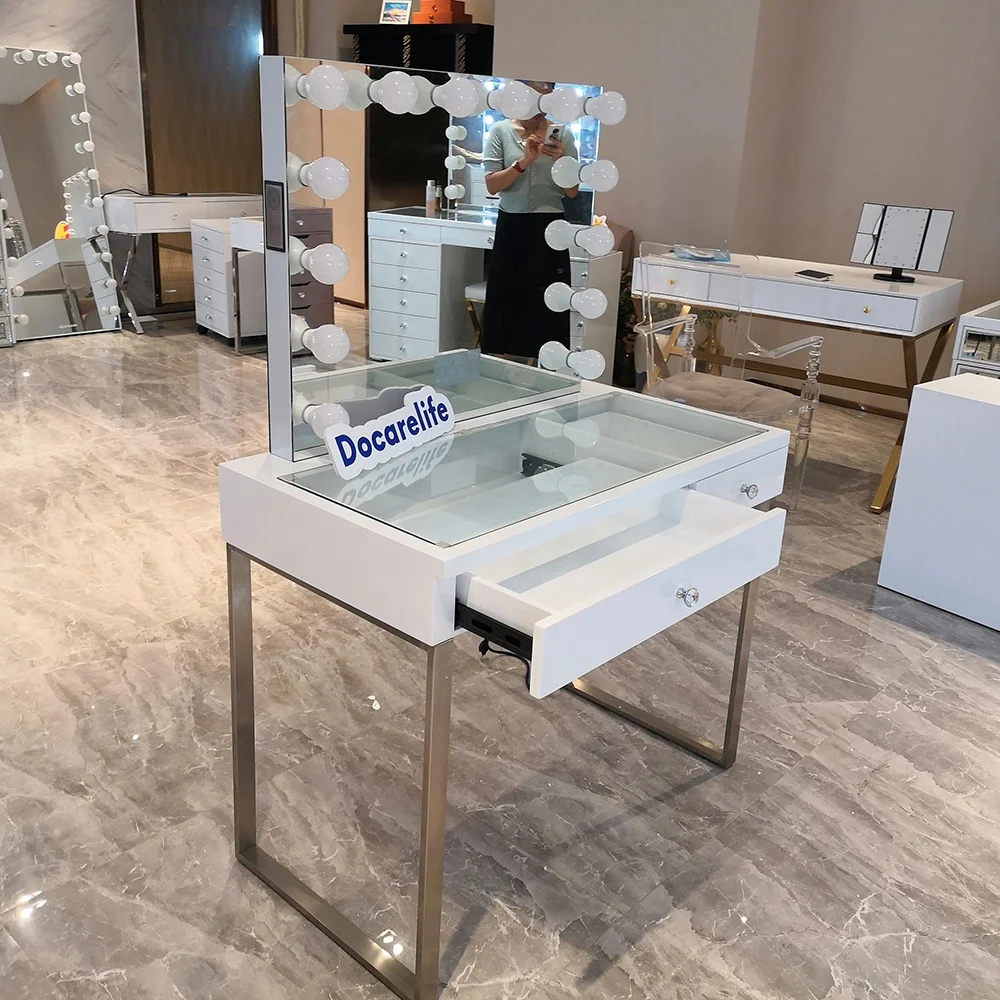 Docarelife Modern Bedroom Set  Vanity Table Set With LED Light Mirror Make Up Dresser Smart Furniture