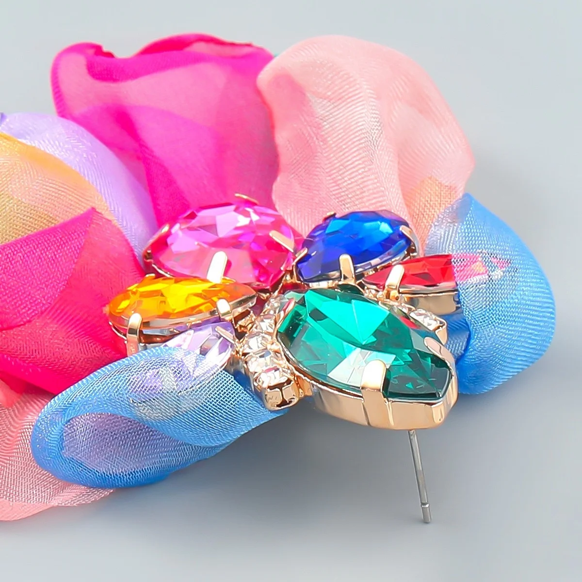 Drill claw welding earrings clip diamond chiffon flower big stud earrings summer new popular jewelry earrings wholesale