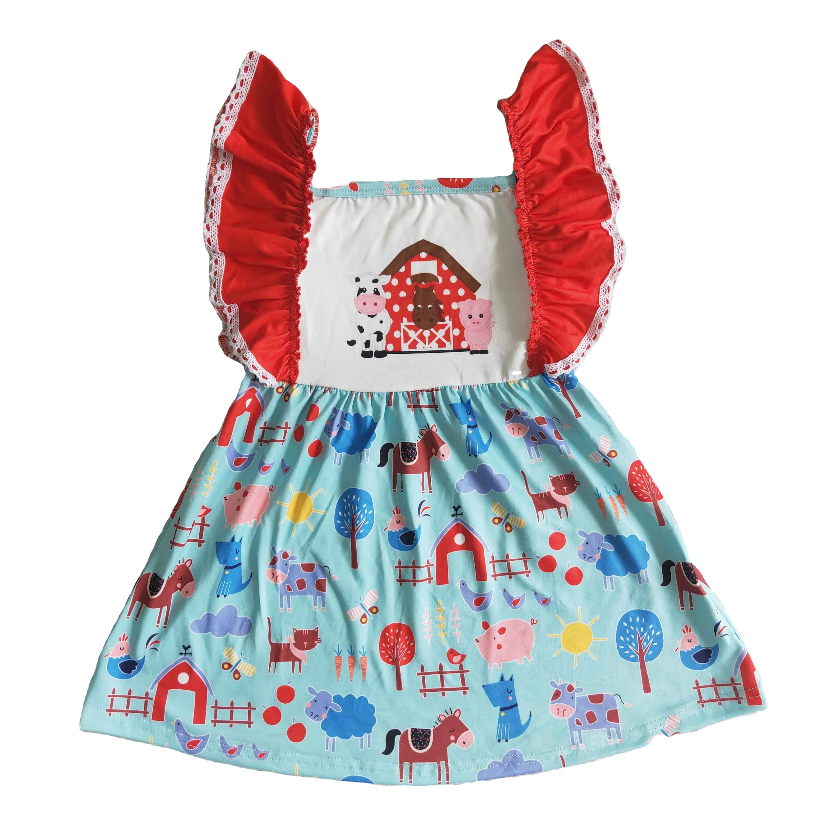 A15-4 RTS Promotion Kids Children Farm Life Clothes Ruffle Short Sleeves Toddler Cow Horse Dress Baby Girl