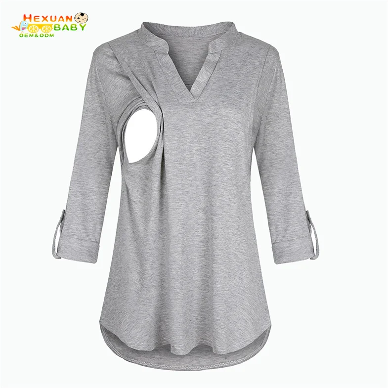 2021 Pregnancy Nursing Mom 3/4 Sleeve Plaid Print Loose Tshirt With V Neck For Maternity Breastfeeding Women Clothes Shirt