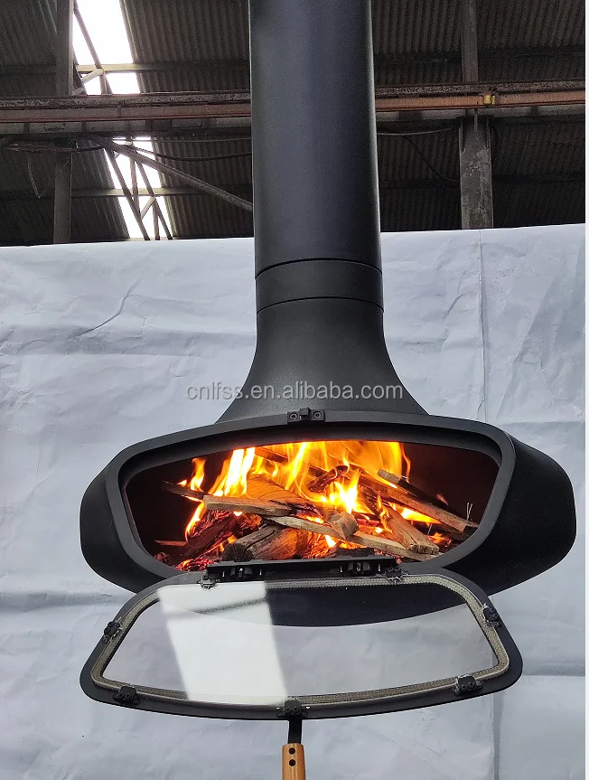 Factory directly sell wood burner fireplace indoor suspended floating rotating decorative steel fire place with glass door
