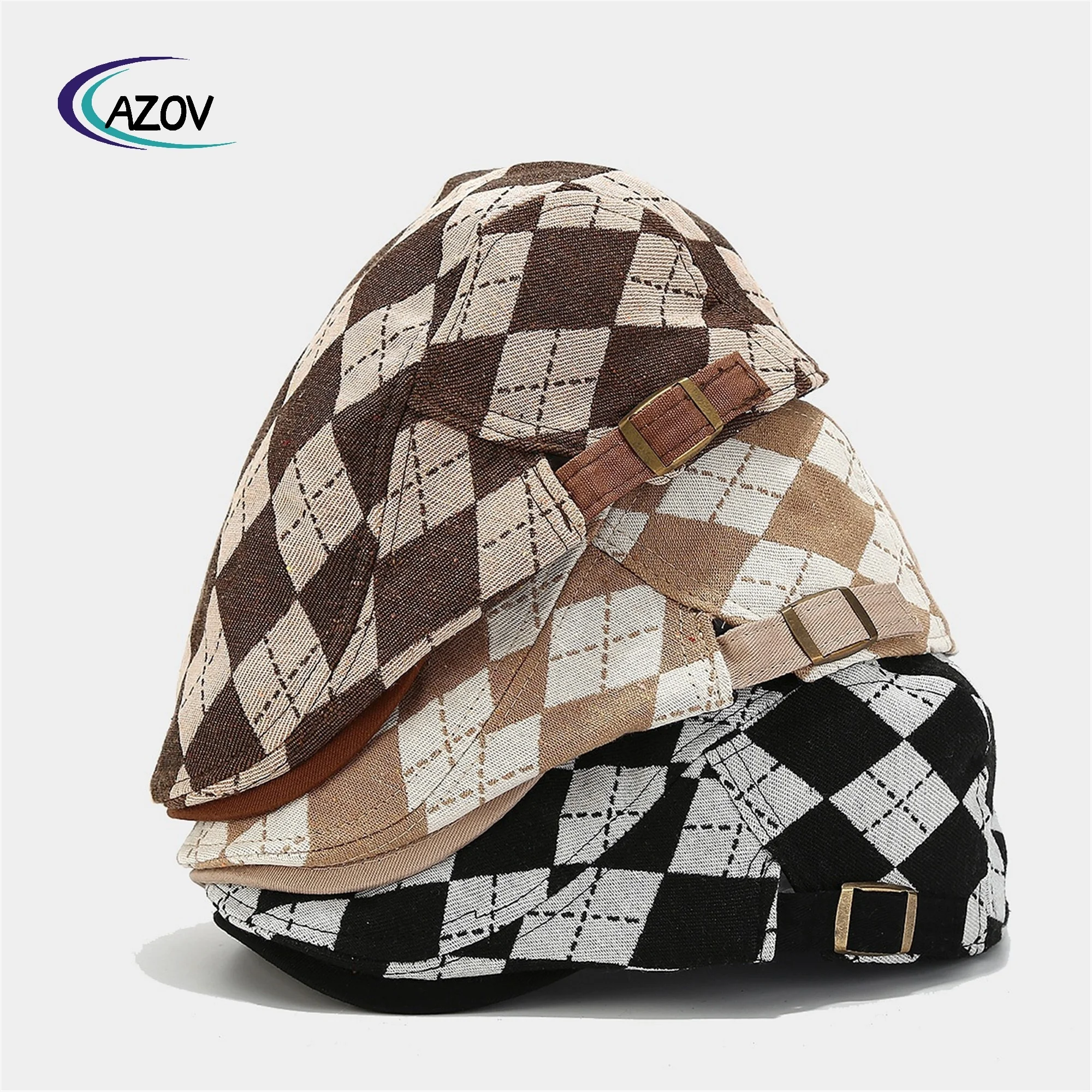Rhombus Plaid Advance Hats Retro Workwear Fashion Peaked Cap Literary Newspaper Bay Hat